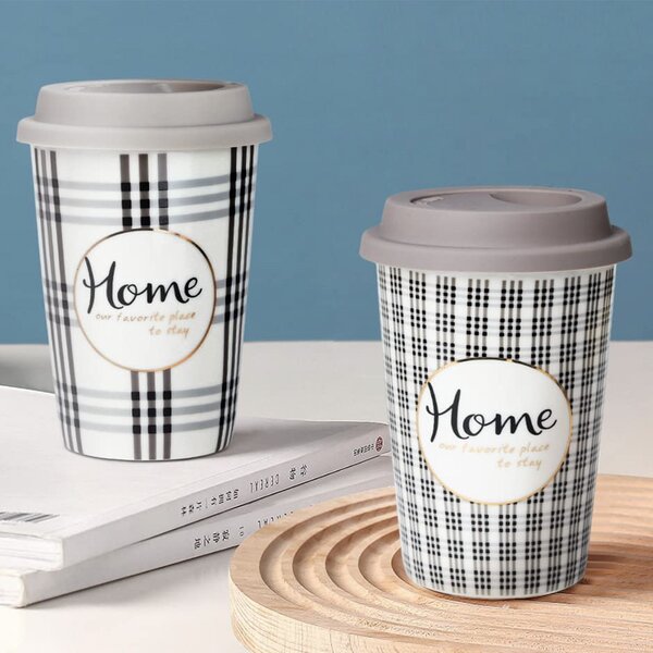 Cana ceramica de voiaj Pufo Home pentru cafea cu capac din silicon, 415 ml, gri inchis