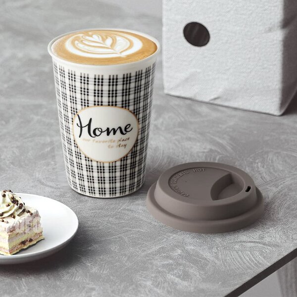 Cana ceramica de voiaj Pufo Home pentru cafea cu capac din silicon, 415 ml, gri inchis