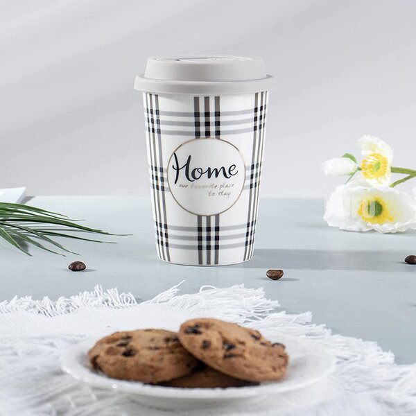 Cana ceramica de voiaj Pufo Home pentru cafea cu capac din silicon, 415 ml, gri deschis