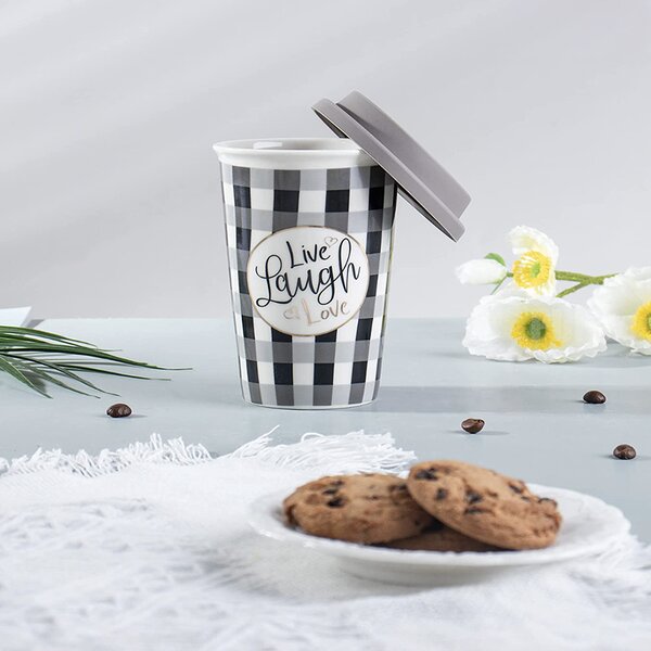 Cana ceramica de voiaj Pufo Live & Love pentru cafea cu capac din silicon, 415 ml, gri/negru
