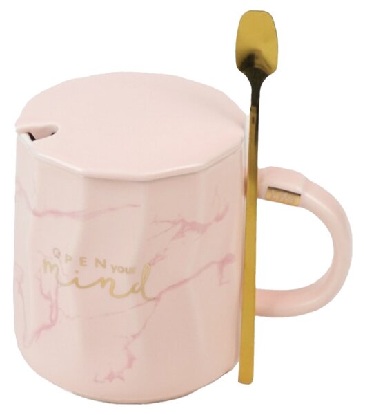 Cana cu capac din ceramica si lingurita Pufo Mind & Life pentru cafea sau ceai, 350 ml, roz