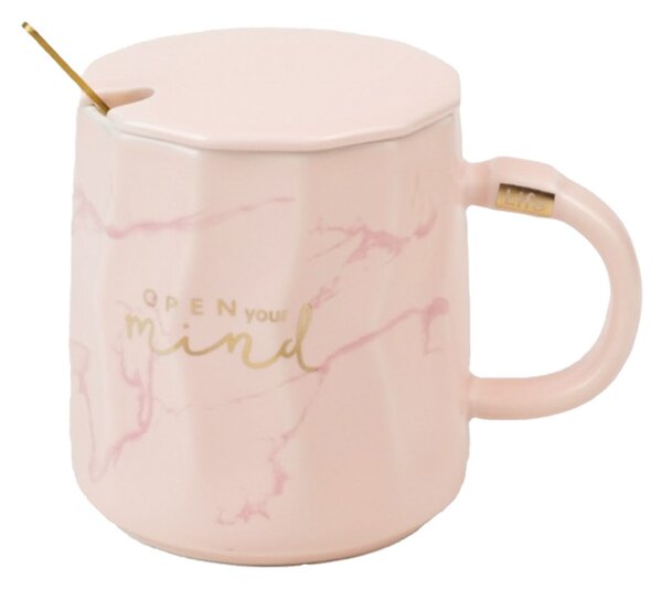 Cana cu capac din ceramica si lingurita Pufo Mind & Life pentru cafea sau ceai, 350 ml, roz