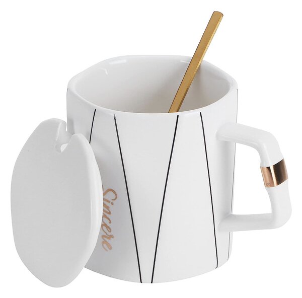 Cana cu capac din ceramica si lingurita Pufo Sincere pentru cafea sau ceai, 320 ml, alb