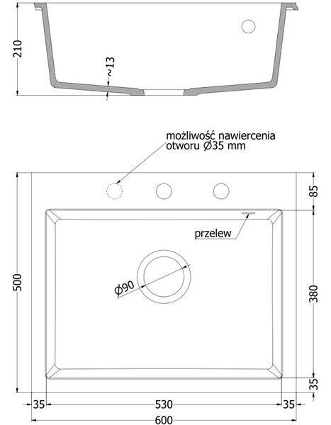 Mexen Elix chiuvetă din granit 1-cameră 600 x 500 mm, alb, sifon crom - 6525601005-20
