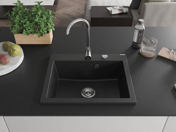 Mexen Elix chiuvetă de granit 1-cameră 600 x 500 mm, neagră, sifon crom - 6525601005-77