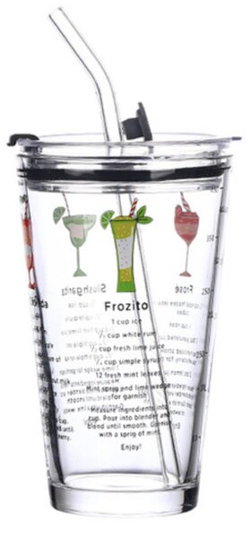Cana din sticla transparenta Pufo Cocktails pentru cafea cu capac, 450 ml