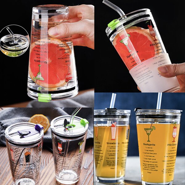 Cana din sticla transparenta Pufo Cocktails pentru cafea cu capac, 450 ml