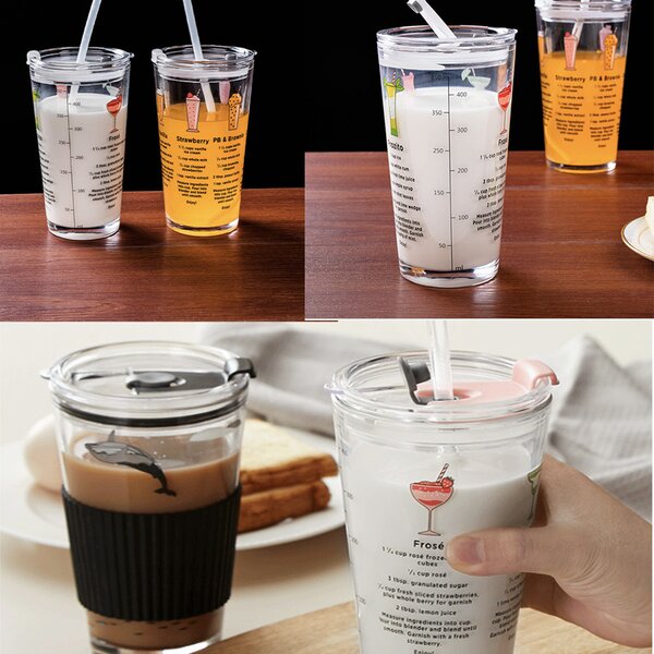 Cana din sticla transparenta Pufo Cocktails pentru cafea cu capac, 450 ml