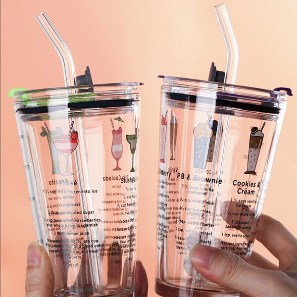 Cana din sticla transparenta Pufo Cocktails pentru cafea cu capac, 450 ml