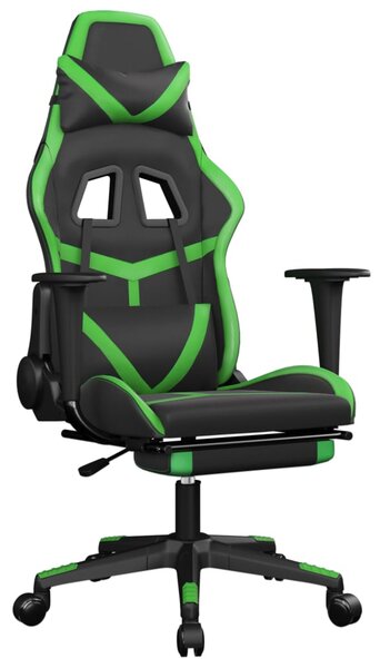 Scaun gaming de masaj/suport picioare, negru/verde, piele eco