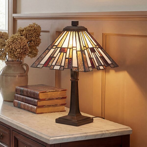QUOIZEL Lampa de masă Inglenook, bronz/colorată, înălțime 37 cm, metal/sticlă, Bronz / Alamă Veche, Camera de zi / sufragerie, Metal, Tiffany