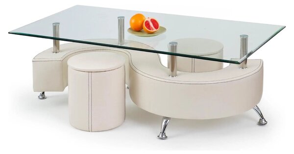Set masuta cu 2 taburete NINA 3, alb, sticla/otel, 130x70x55 cm