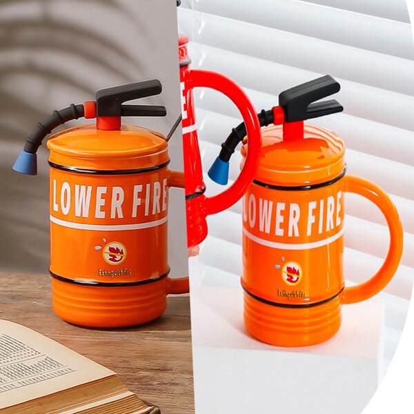 Cana cu capac din ceramica si lingurita Pufo Stop Fire pentru cafea sau ceai, 400 ml, portocaliu