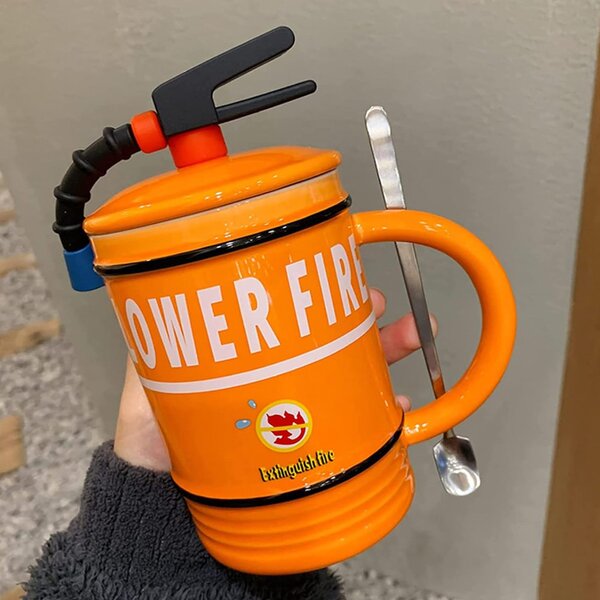 Cana cu capac din ceramica si lingurita Pufo Stop Fire pentru cafea sau ceai, 400 ml, portocaliu