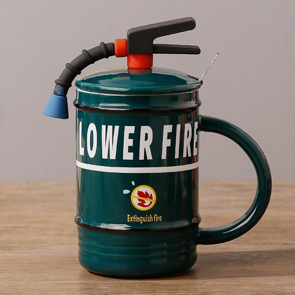 Cana cu capac din ceramica si lingurita Pufo Stop Fire pentru cafea sau ceai, 400 ml, verde