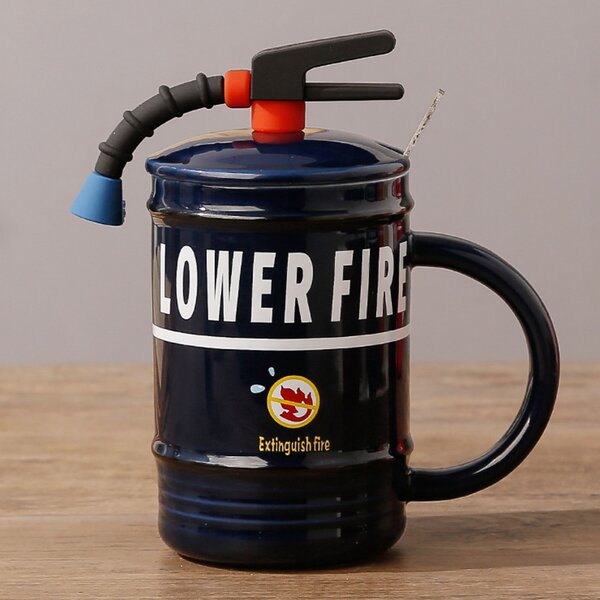 Cana cu capac din ceramica si lingurita Pufo Stop Fire pentru cafea sau ceai, 400 ml, albastru