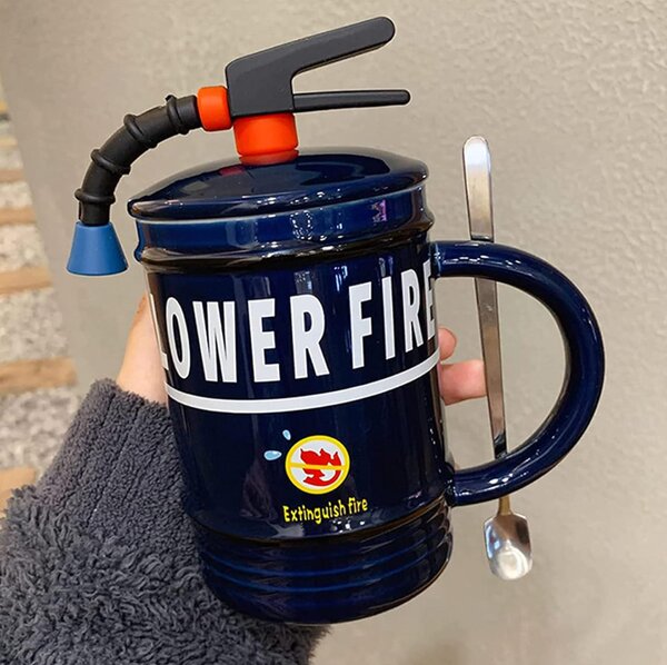 Cana cu capac din ceramica si lingurita Pufo Stop Fire pentru cafea sau ceai, 400 ml, albastru