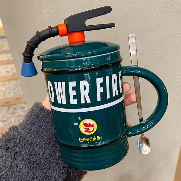 Cana cu capac din ceramica si lingurita Pufo Stop Fire pentru cafea sau ceai, 400 ml, verde