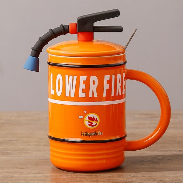 Cana cu capac din ceramica si lingurita Pufo Stop Fire pentru cafea sau ceai, 400 ml, portocaliu