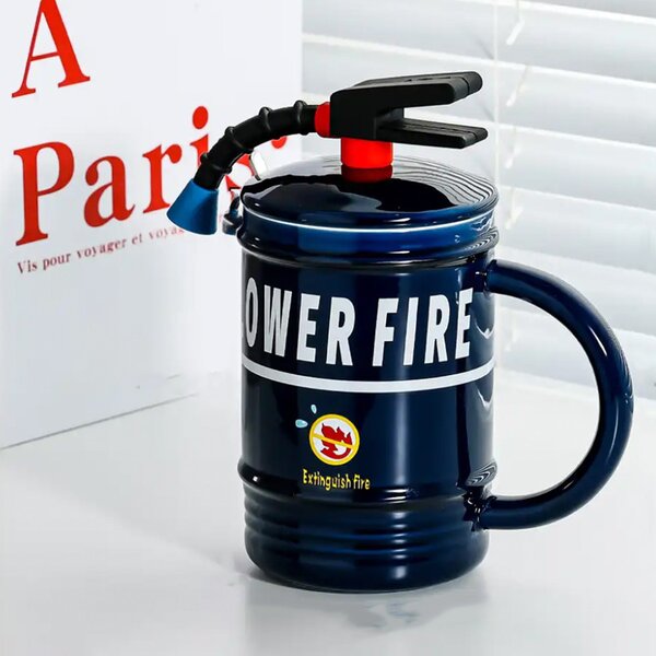 Cana cu capac din ceramica si lingurita Pufo Stop Fire pentru cafea sau ceai, 400 ml, albastru