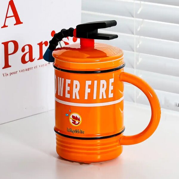 Cana cu capac din ceramica si lingurita Pufo Stop Fire pentru cafea sau ceai, 400 ml, portocaliu