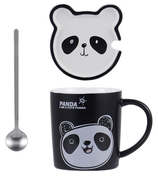 Cana cu capac din ceramica si lingurita Pufo Happy Panda pentru cafea sau ceai, 300 ml- adorabila si practica