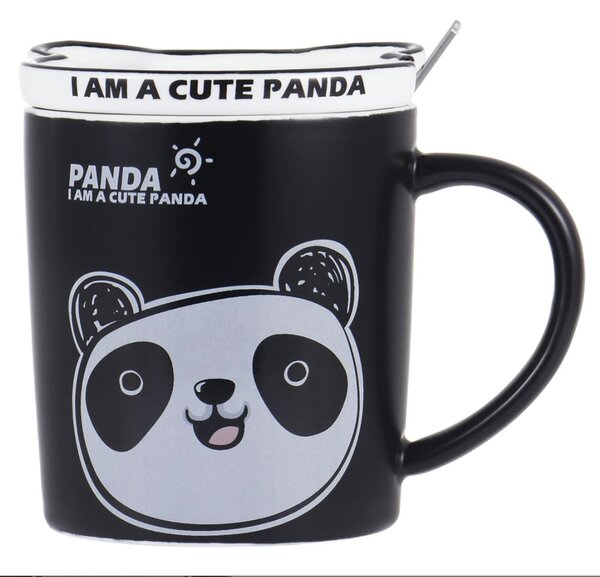 Cana cu capac din ceramica si lingurita Pufo Happy Panda pentru cafea sau ceai, 300 ml- adorabila si practica