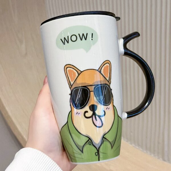 Cana inalta din ceramica cu capac Pufo Stylish, pentru cafea sau ceai, 450 ml- eleganta, practica si perfecta pentru birou