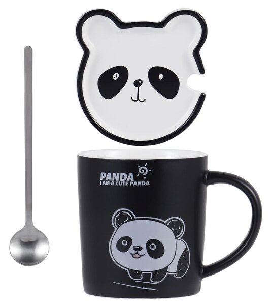 Cana cu capac din ceramica si lingurita Pufo Baby Panda pentru cafea sau ceai, 300 ml- adorabila si practica