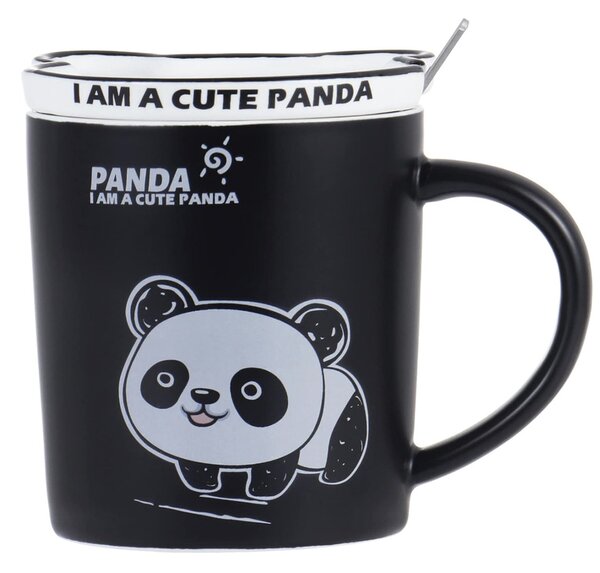 Cana cu capac din ceramica si lingurita Pufo Baby Panda pentru cafea sau ceai, 300 ml- adorabila si practica