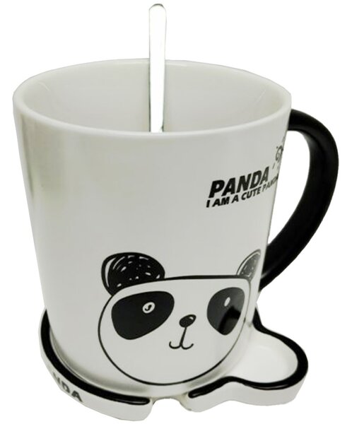 Cana cu capac din ceramica si lingurita Pufo Lonely Panda pentru cafea sau ceai, 300 ml