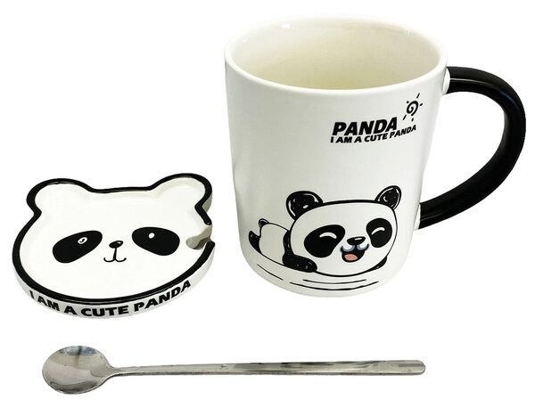 Cana cu capac din ceramica si lingurita Pufo Little Panda pentru cafea sau ceai, 300 ml- adorabila si practica