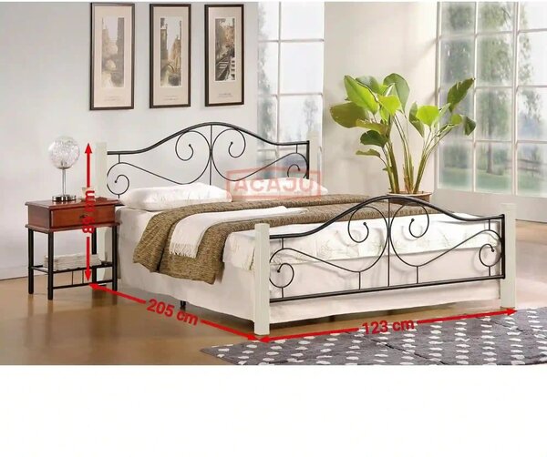 Pat VIOLETTA 160x200, ecru/negru, lemn/otel, cu somiera