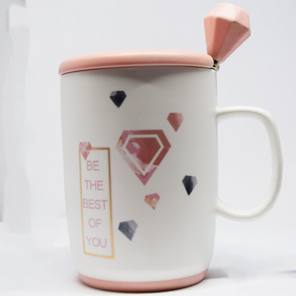 Cana cu capac din ceramica si lingurita Pufo Best of You pentru cafea sau ceai, 350 ml- eleganta, practica si ideala pentru cadou