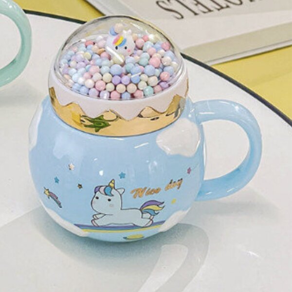 Cana din ceramica cu capac Pufo Unicorn World pentru cafea sau ceai, 400 ml, albastru
