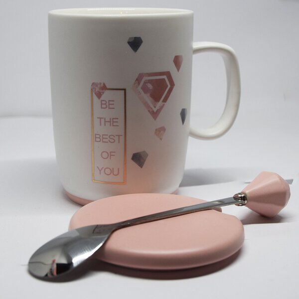 Cana cu capac din ceramica si lingurita Pufo Best of You pentru cafea sau ceai, 350 ml- eleganta, practica si ideala pentru cadou