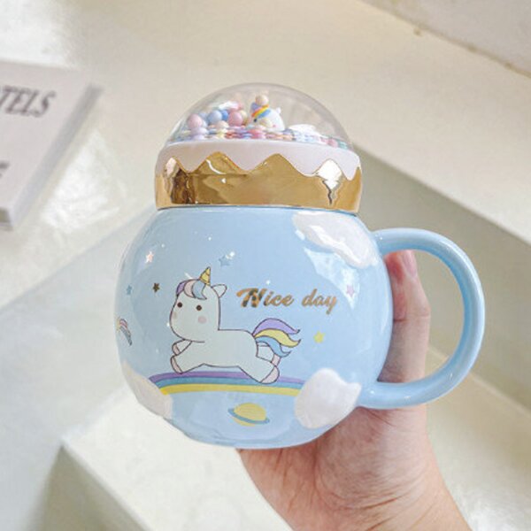 Cana din ceramica cu capac Pufo Unicorn World pentru cafea sau ceai, 400 ml, albastru