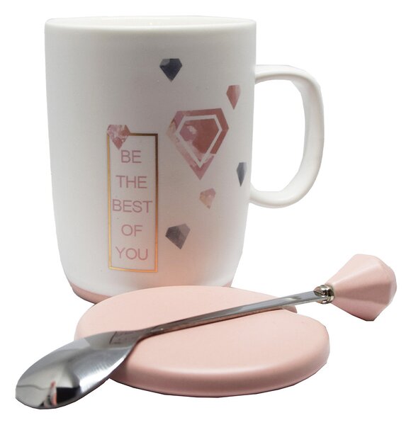 Cana cu capac din ceramica si lingurita Pufo Best of You pentru cafea sau ceai, 350 ml- eleganta, practica si ideala pentru cadou
