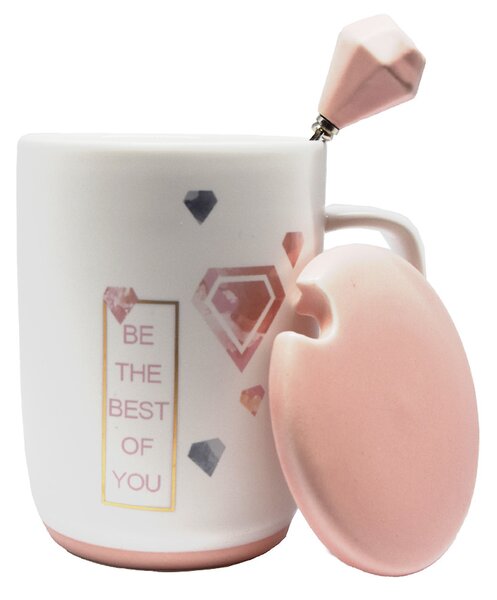 Cana cu capac din ceramica si lingurita Pufo Best of You pentru cafea sau ceai, 350 ml- eleganta, practica si ideala pentru cadou