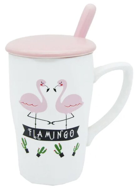 Cana cu capac din ceramica si lingurita Pufo Flamingo pentru cafea sau ceai, 12 cm