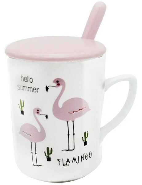 Cana cu capac din ceramica si lingurita Pufo Flamingo Summer pentru cafea sau ceai, 12 cm