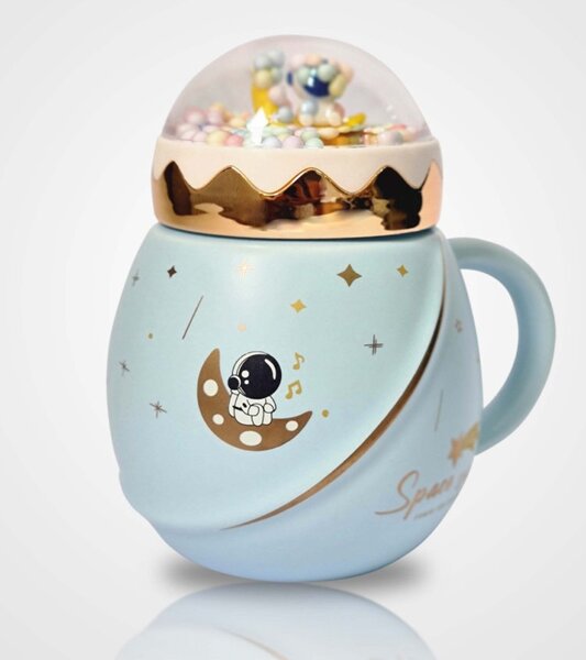 Cana cu capac tip ceainic din ceramica Pufo Travel the Space pentru cafea sau ceai, 500 ml, albastru