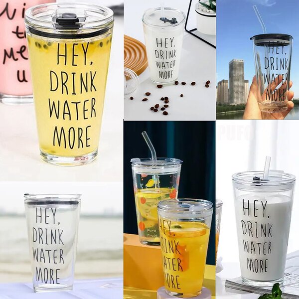 Cana din sticla transparenta Pufo Drink Water pentru cafea cu capac, 450 ml