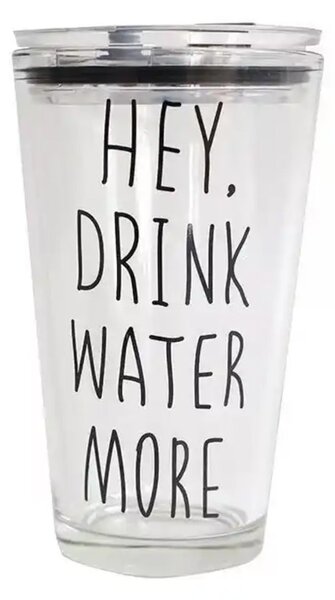 Cana din sticla transparenta Pufo Drink Water pentru cafea cu capac, 450 ml