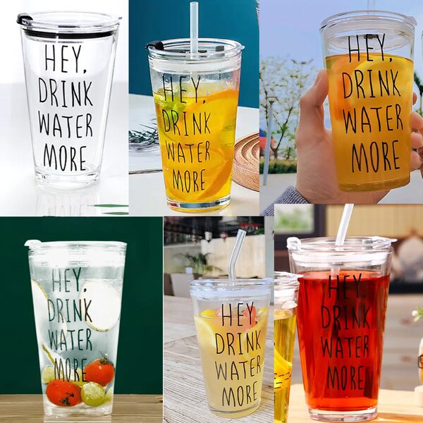 Cana din sticla transparenta Pufo Drink Water pentru cafea cu capac, 450 ml