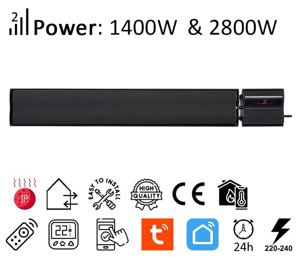2800W/1400W ElectricSun negru, incalzitor electric interior exterior panouri radiante termostat cu Wi-Fi si APP internet TUYA, 180x15 cm
