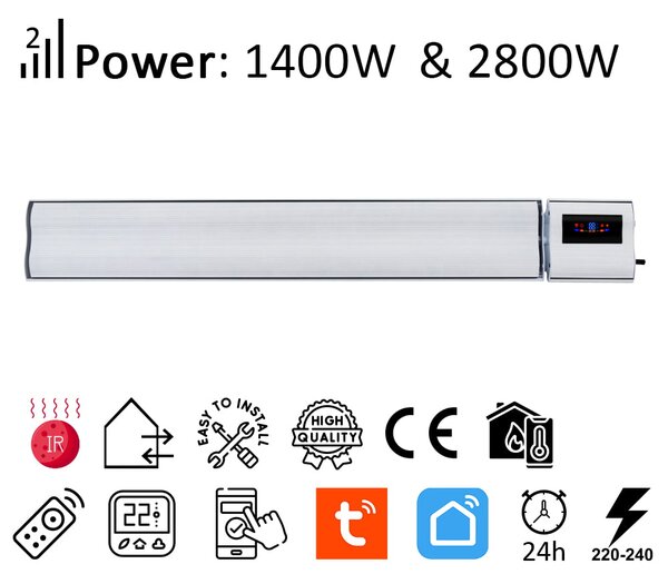 2800W/1400W ElectricSun alb, panou radiant infrarosu interior exterior incalzitor electric cu termostat cu Wi-Fi si APP internet TUYA, 180x15 cm