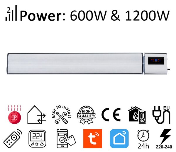 1200W si 600W ElectricSun alb, panouri radiante infrarosu cu termostat si Wi-Fi cu aplicatie internet TUYA, 94x15 cm
