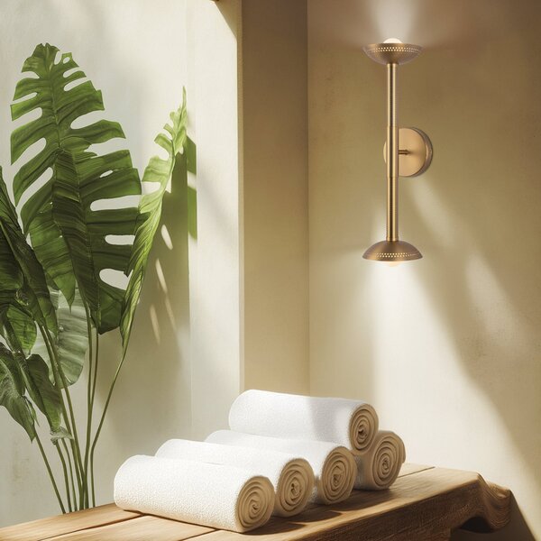 Elstead Aplică de perete LED Arden, culoare aurie, înălțime 57 cm, cu 2 becuri, din, reglabil, Auriu / Alamă, Camera de zi / sufragerie, Aluminiu, Modern, Perete rotund
