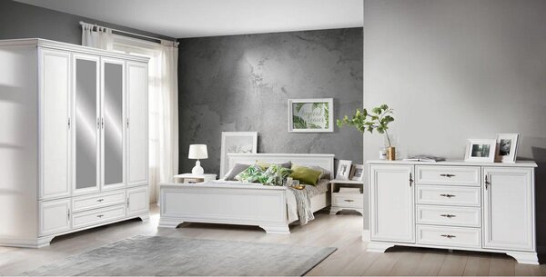 Mobilier dormitor alb IDENTO 4, cu pat 160x200, dulap cu 6 usi si 2 se